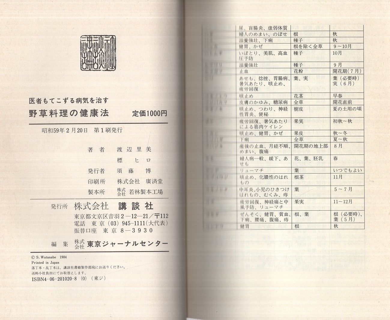 【中古】 野草料理の健康法 医者もてこずる病気を治す/講談社/渡辺里美 中古】 野草料理の健康法 医者もてこずる病気を治す/講談社/渡辺