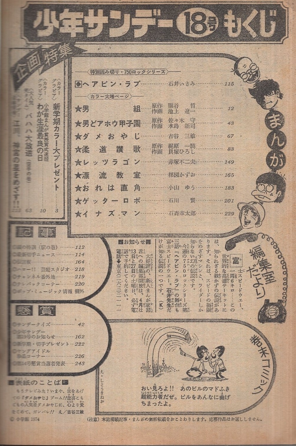 週刊少年サンデー 昭和49年18号 昭和49年4月28日号 表紙画「ダメおやじ