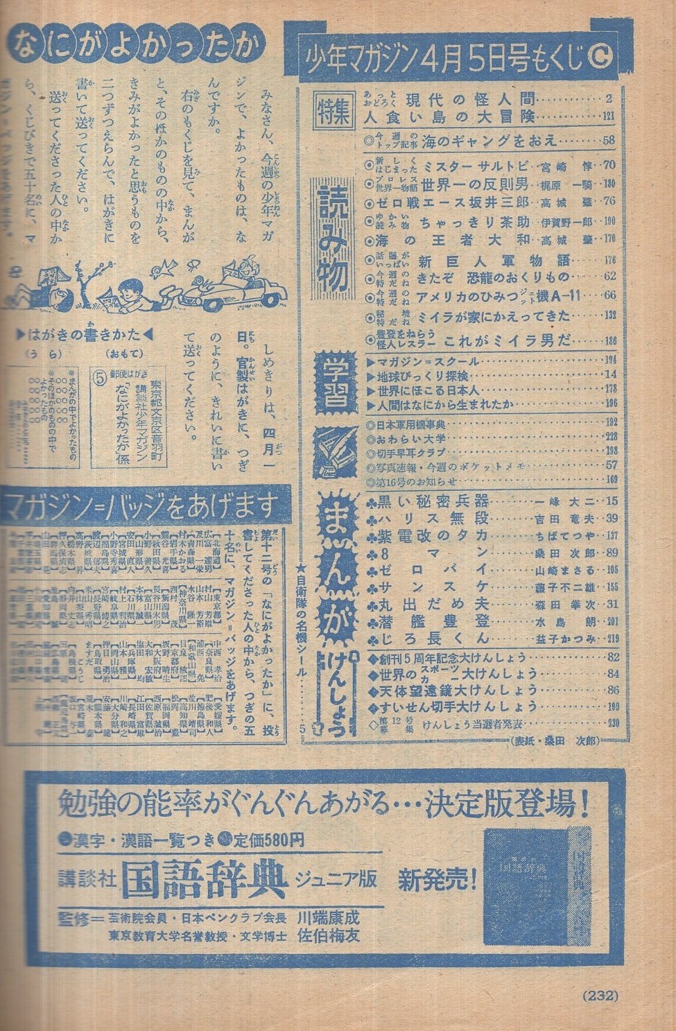 週刊少年マガジン 昭和39年15号 昭和39年4月5日号 表紙画・桑田