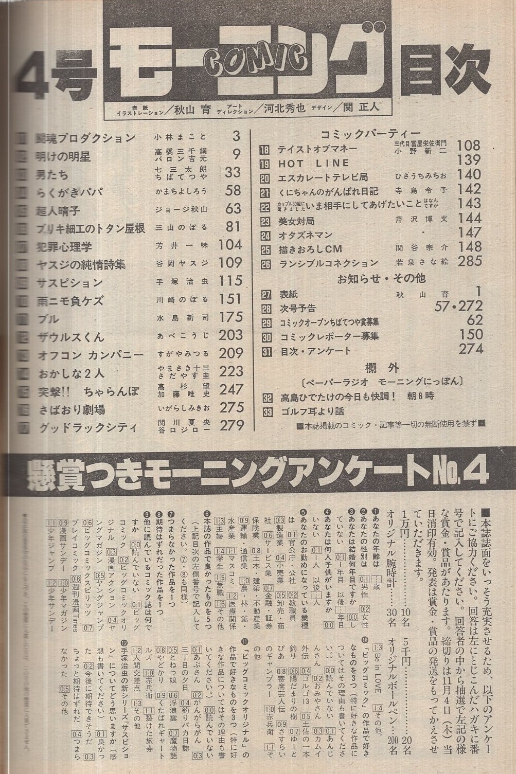 コミックモーニング 4号 昭和57年10月21日号 表紙画 秋山育 連載 小林まこと バロン吉元 ちばてつや かまちよしろう ジョージ秋山 三山のぼる 芳井一味 谷岡ヤスジ 手塚治虫 川崎のぼる 水島新司 あべこうじ すがやみつる さだやす圭 加藤唯史 いがらし コミックモーニング 4号 昭和57年10月21日号 表紙画 秋山育 連載 小林まこと バロン吉元 ちばてつや かまちよしろう ジョージ秋山 三山のぼる 芳井一味 谷岡ヤスジ 手塚治虫 川崎のぼる 水島新司 あべこうじ すがやみつる さだやす圭 加藤唯史 いがらし