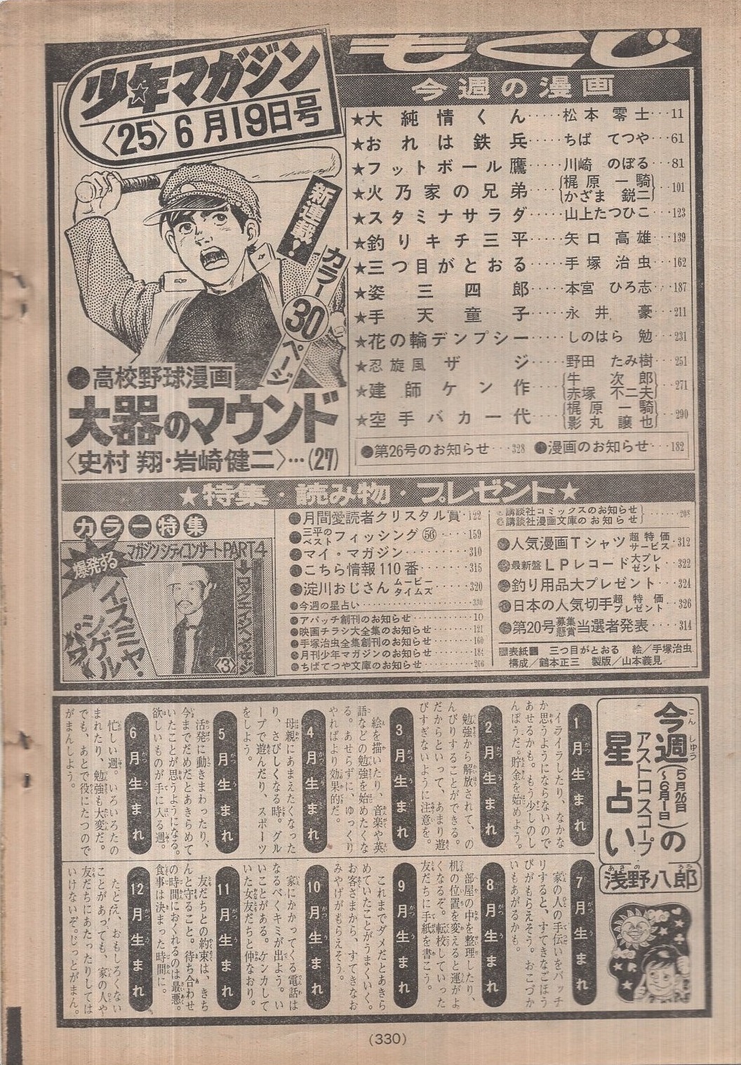 週刊少年マガジン 昭和52年25号 昭和52年6月19日号 表紙画 手塚治虫 三つ目がとおる ほか 特集 マガジン シティ コンサートpart4 爆発する泉谷しげるパワー カラー5頁 連載 岩崎健二 大器のマウンド 2色有30頁新連載 松本零士 大純情くん オール2色