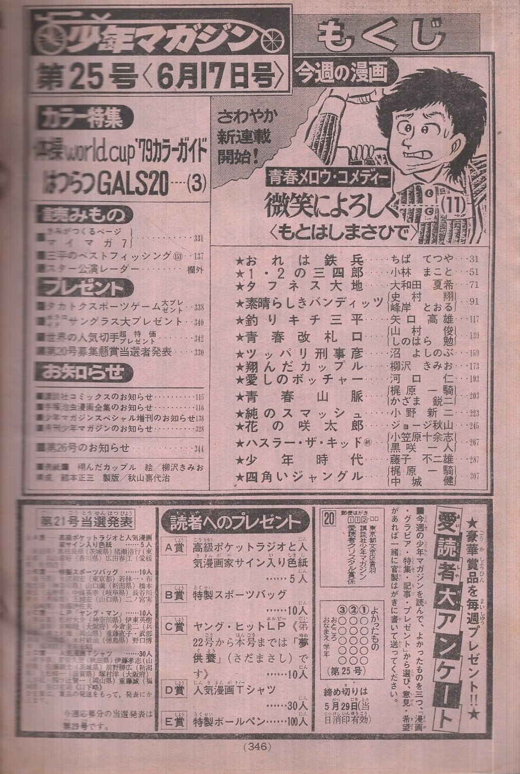 週刊少年マガジン 昭和54年25号 昭和54年6月17日号 表紙画 柳沢きみお 翔んだカップル 特集 体操world Cup 79カラーガイド はつらつgals カラー5頁 連載 ジョージ秋山 花の咲太郎 藤子不二雄 少年時代 もとはしまさひで 微笑によろしく 2色有新