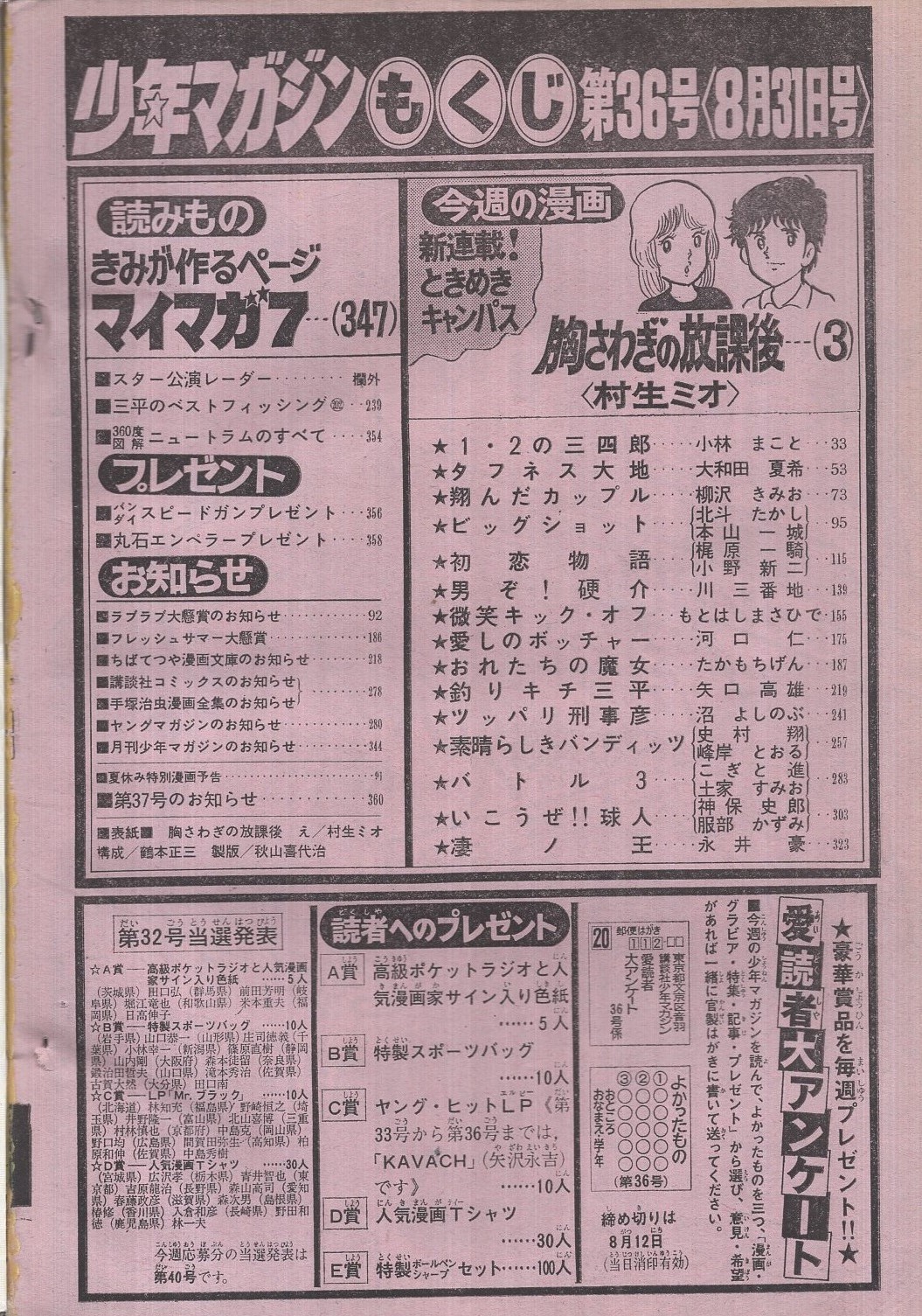 週刊少年マガジン 昭和55年36号 昭和55年8月31日号 表紙画・村生
