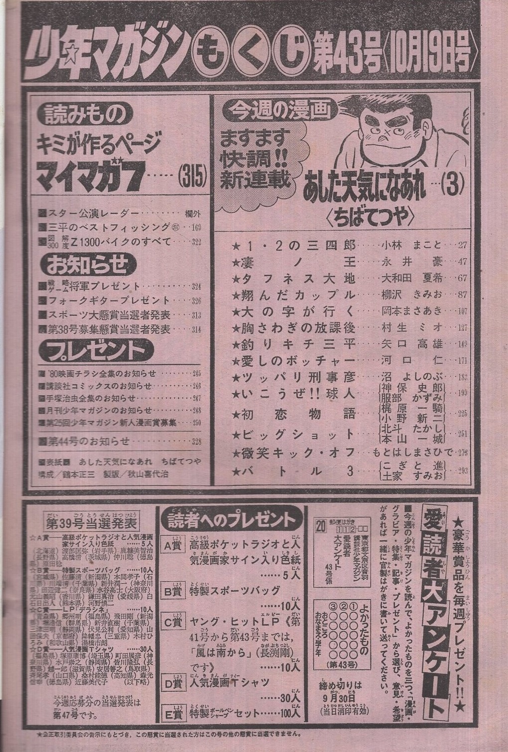 週刊少年マガジン 昭和55年43号 昭和55年10月19日号 表紙画 ちばてつや あした天気になあれ 連載 ちばてつや あした天気になあれ オールカラー 2色 河口仁 愛しのボッチャー オール2色 小林まこと 永井豪 大和田夏希 柳沢きみお 岡本まさあき 村生ミオ