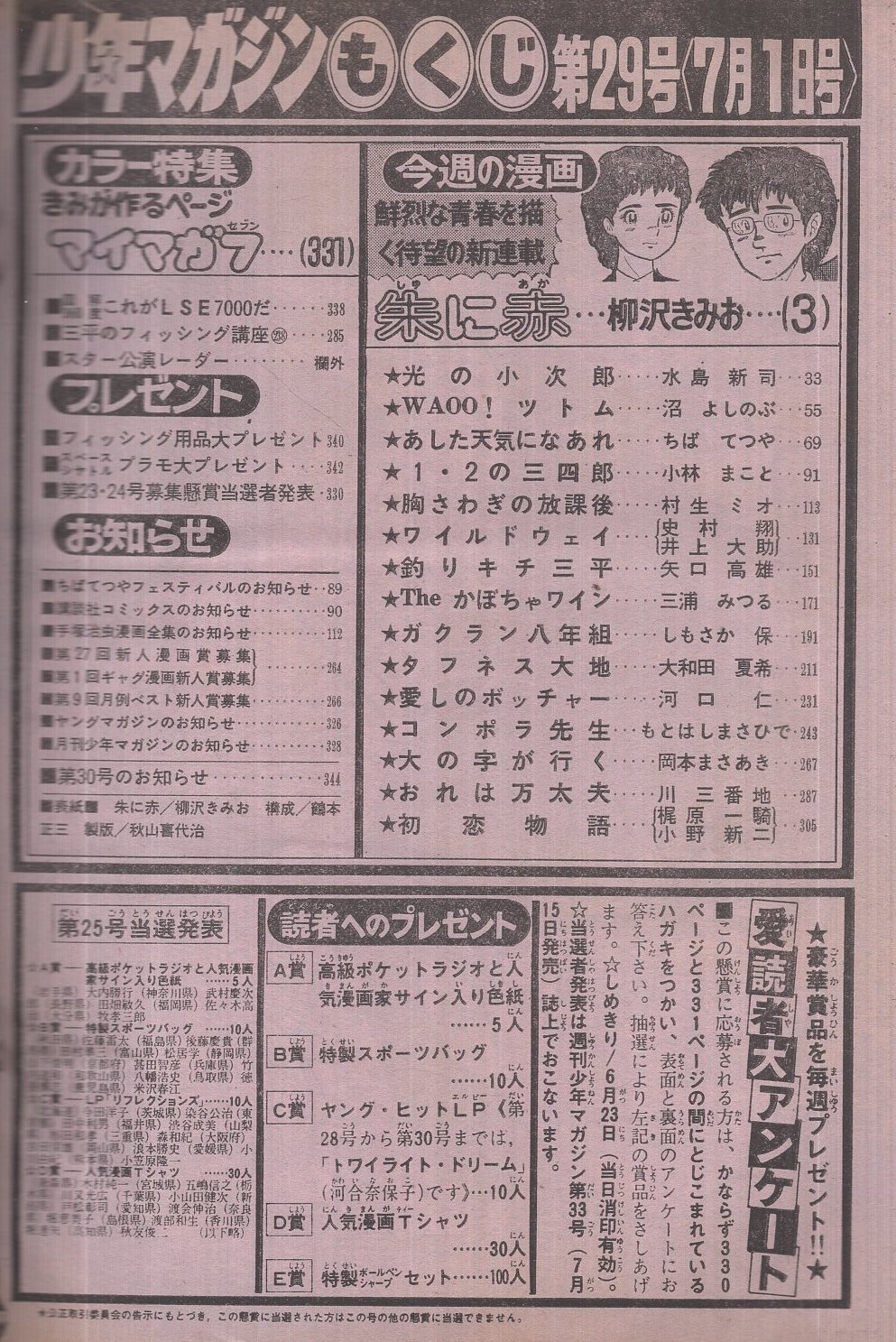 週刊少年マガジン 昭和56年29号 昭和56年7月1日号 表紙画 柳沢きみお 朱に赤 連載 柳沢きみお 朱に赤 カラー有新連載 水島新司 沼よしのぶ ちばてつや 小林まこと 村生ミオ 井上大助 矢口高雄 三浦みつる しもさか保 大和田夏希 河口仁 もとはしまさ