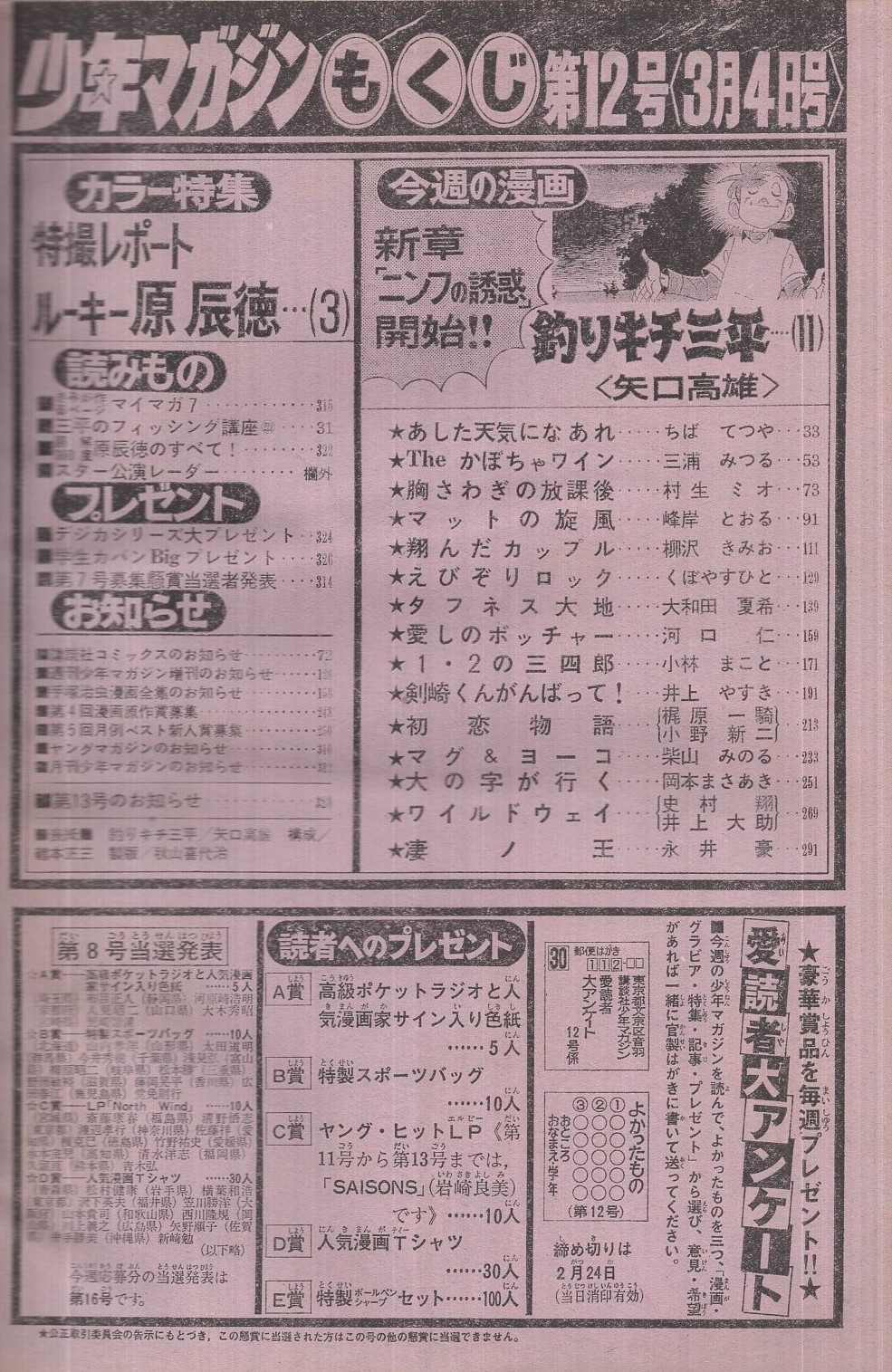 週刊少年マガジン 昭和56年12号 昭和56年3月4日号 表紙画・矢口高雄 