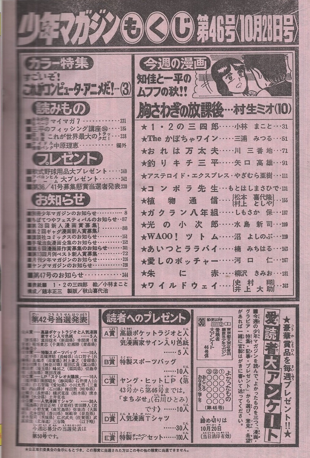 週刊少年マガジン 昭和56年46号 昭和56年10月28日号 表紙画 小林まこと 1 2の三四郎 特集 すごいぞ これがコンピュータ アニメだ カラー5頁 アイドル情報バンク 中原理恵 欄外 連載 村上としや 植物通信 後 村生ミオ 小林まこと 三浦みつる 川