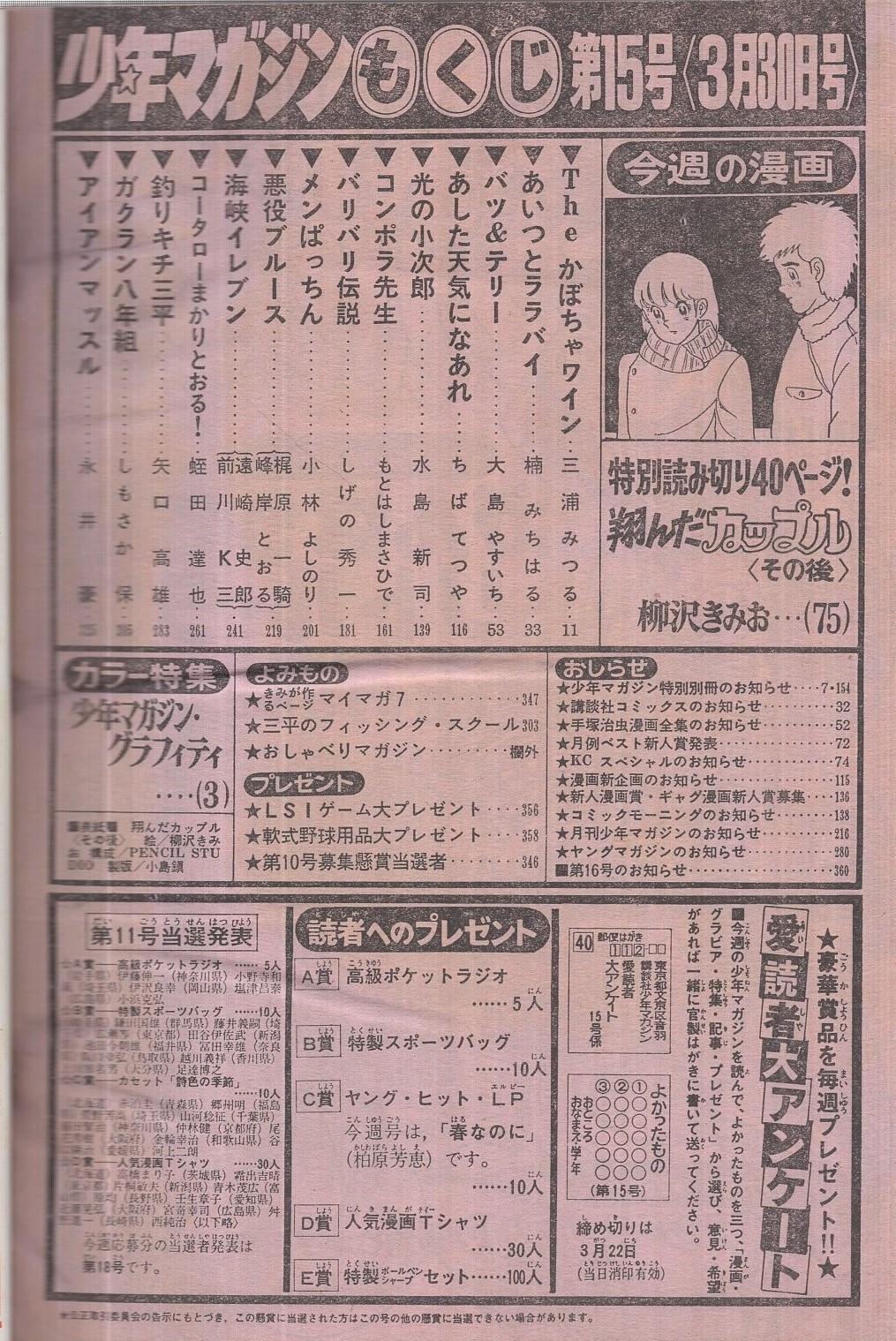 週刊少年マガジン 昭和58年15号 昭和58年3月30日 表紙画 柳沢きみお 翔んだカップル その後 特集 少年マガジン グラフィティ カラー4頁 読切 柳沢きみお 翔んだカップル その後 40頁 連載 三浦みつる 楠みちはる 大島やすいち ちばてつや