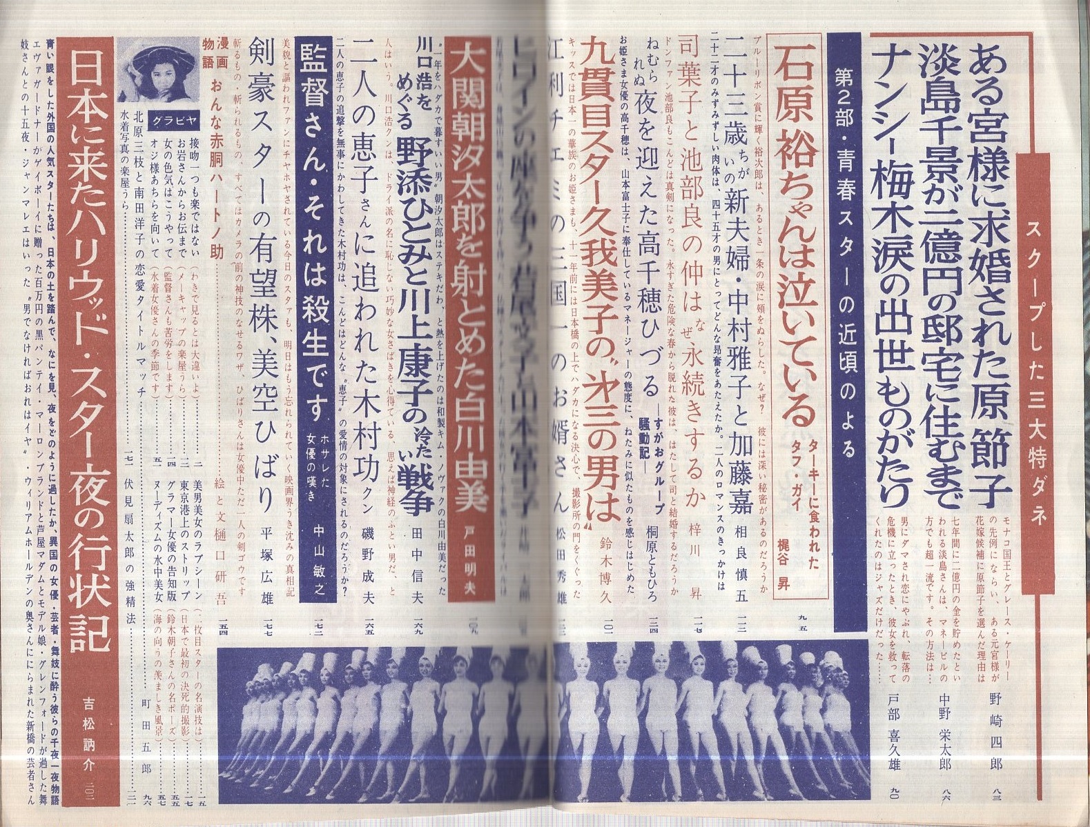 100万人のよる 昭和33年5月号 表紙モデル 泉京子 決定的シーン特集 32頁 オジサマあちらを向いて 水着女優さんの季節です 中原早苗 田中ユリ 毛利郁子 筑波久子 各モノクロ1頁 ある宮殿下に求婚された原節子さん 3頁 二億円の豪邸に住む淡島千景さん 4頁