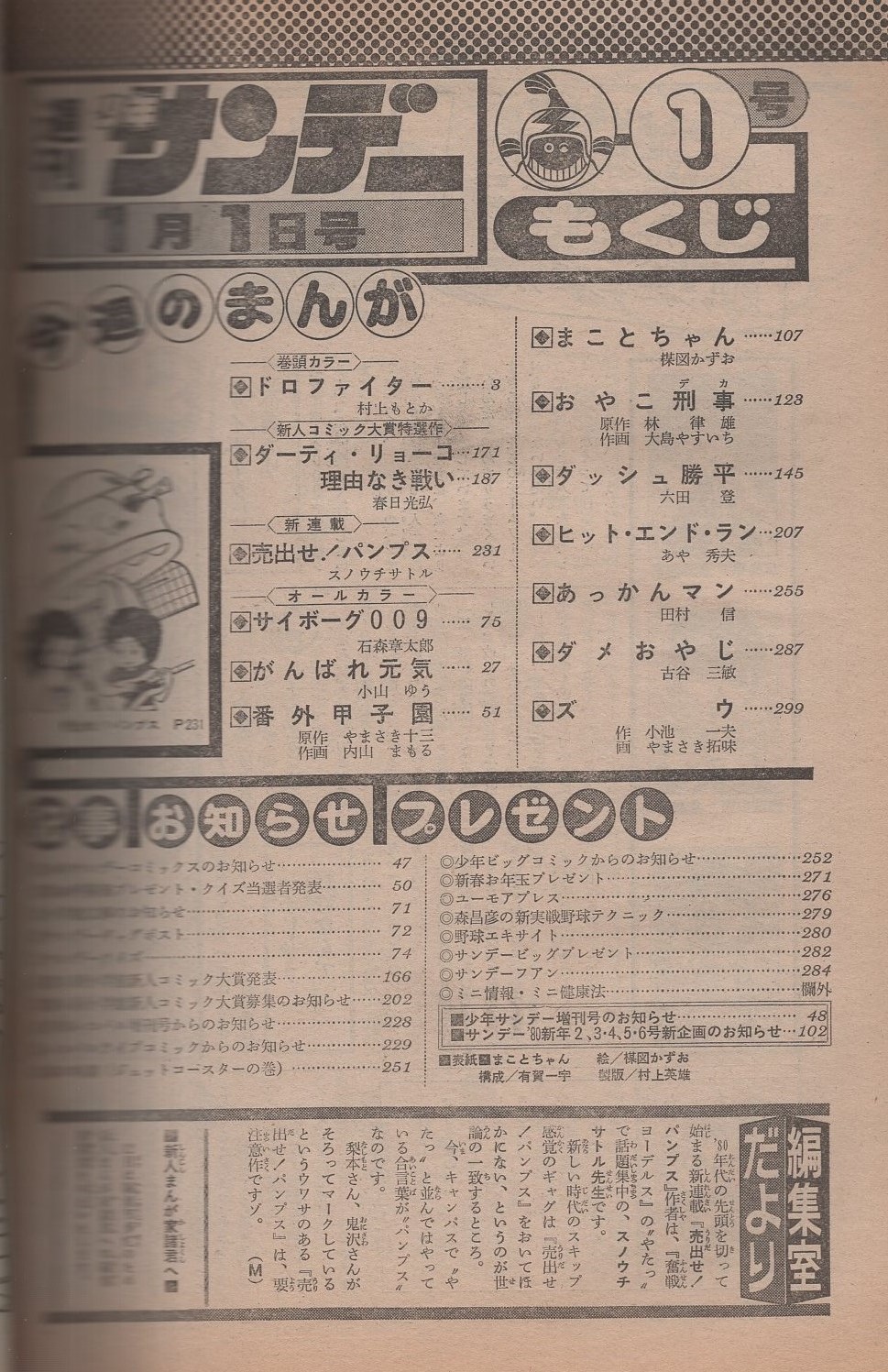 週刊少年サンデー 昭和55年1号 昭和55年1月1日号 表紙画・楳図かずお