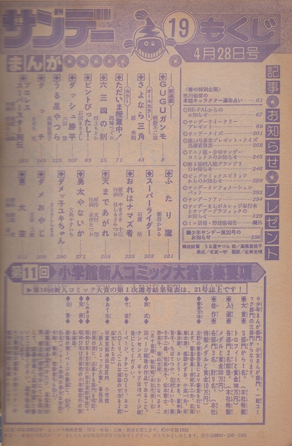 週刊少年サンデー 昭和57年19号 昭和57年4月28日号 表紙画・高橋