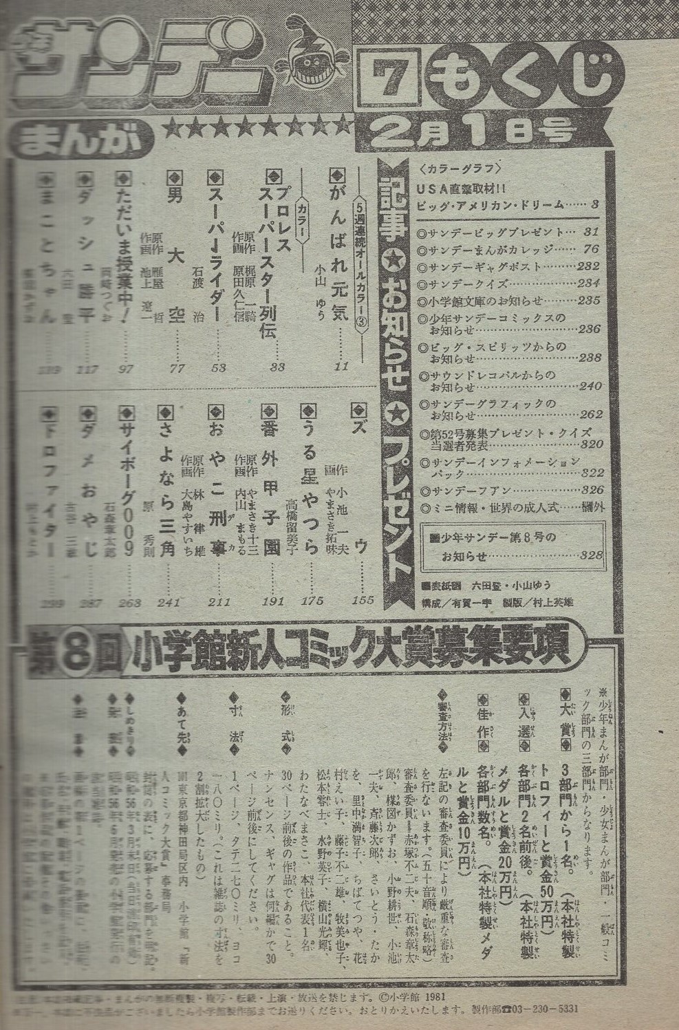 週刊少年サンデー 昭和56年7号 昭和56年2月1日号 表紙画・六田登