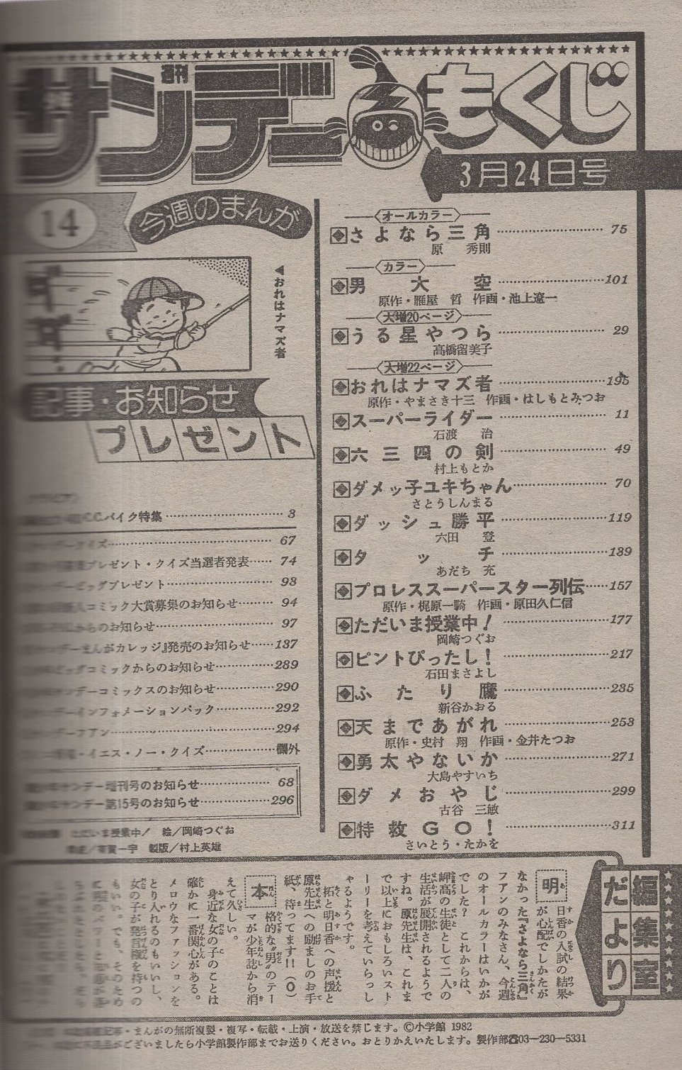 週刊少年サンデー 昭和57年14号 昭和57年3月24日号 表紙画・岡崎