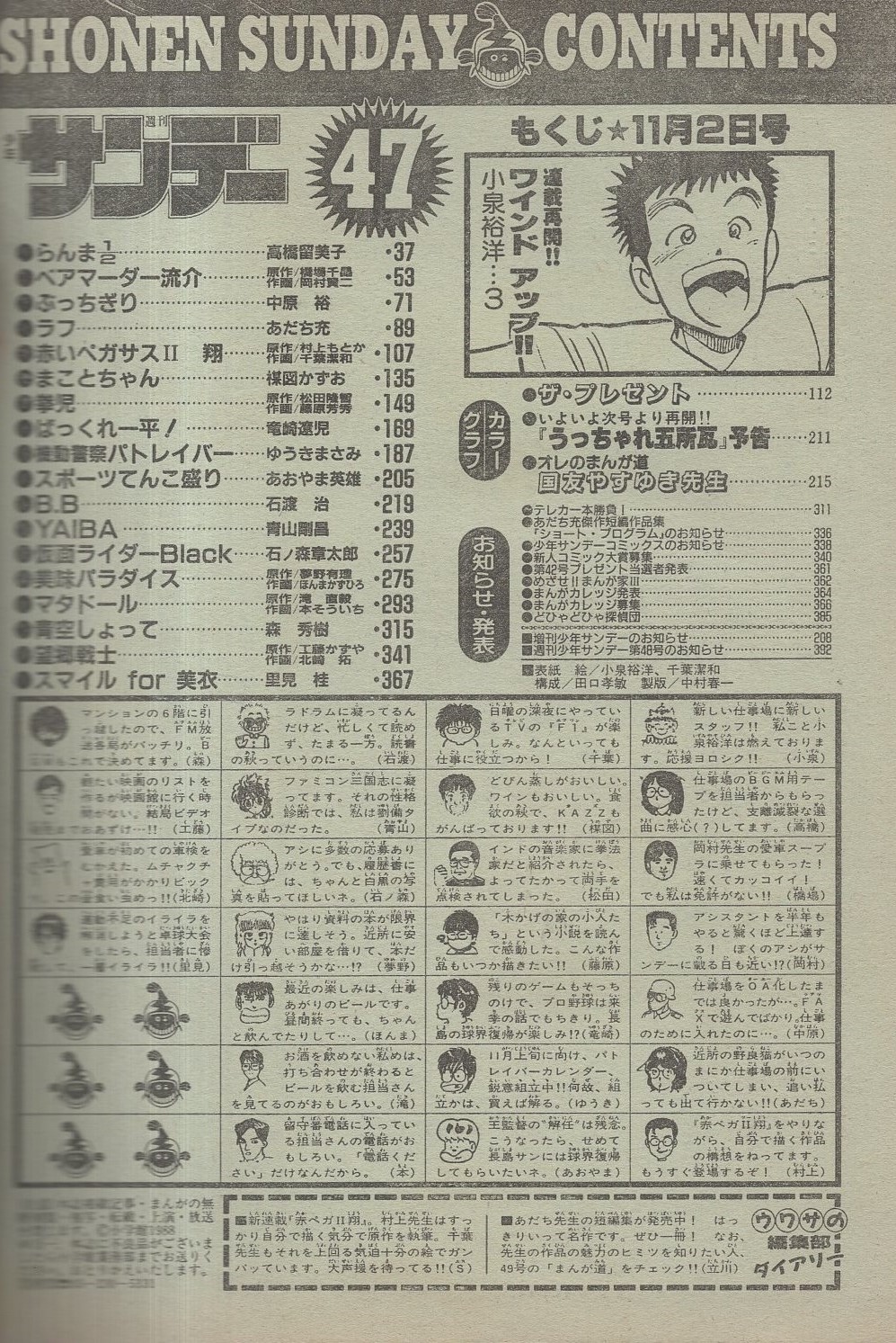 週刊少年サンデー 昭和63年47号 昭和63年11月2日号 表紙画・小泉