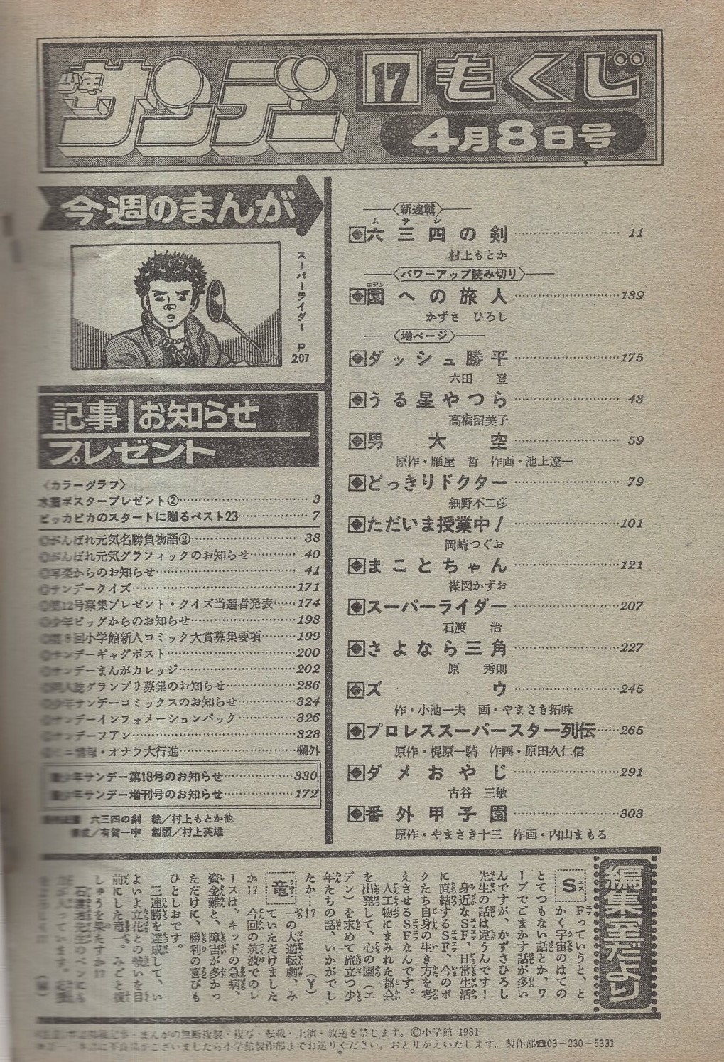週刊少年サンデー 昭和56年17号 昭和56年4月8日号 表紙画・村上もとか