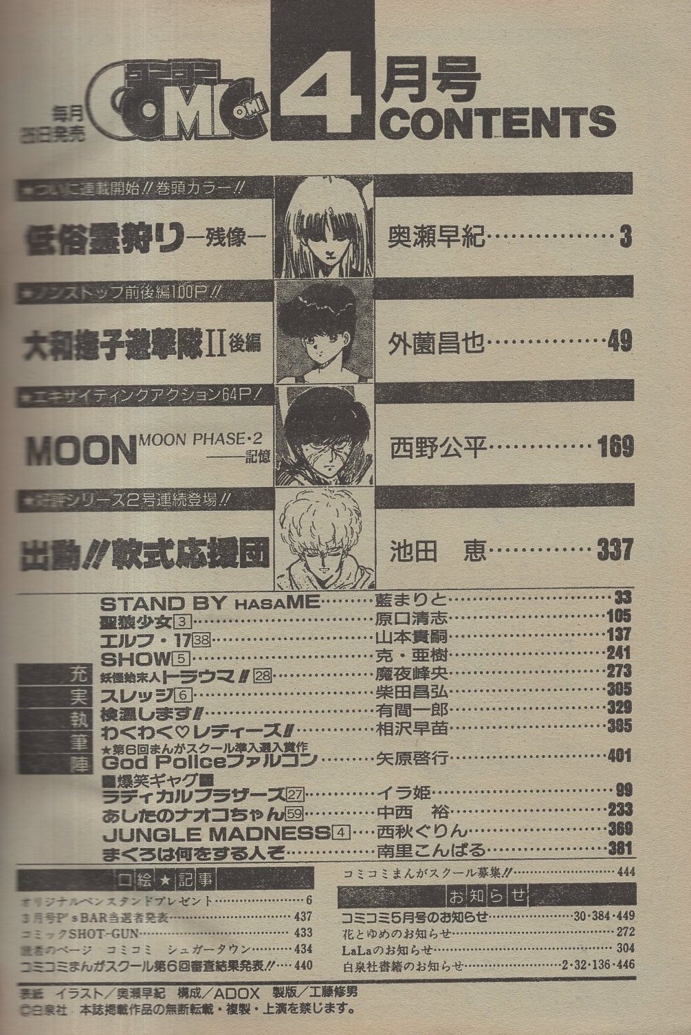 月刊コミコミ 昭和63年4月号 表紙画・奥瀬早紀(〈読切 藍まりと