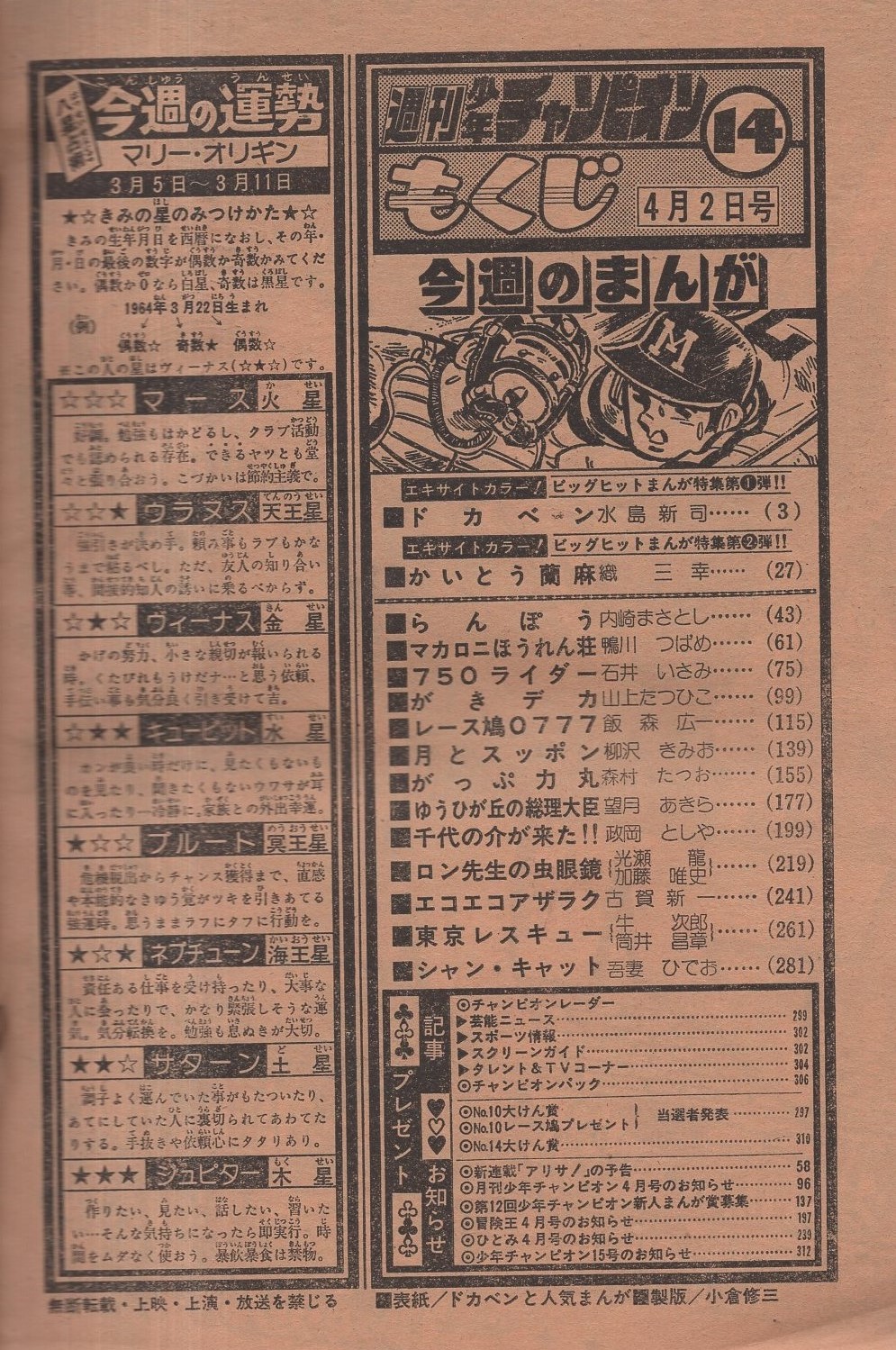 週刊少年チャンピオン 昭和54年14号 昭和54年4月2日号 表紙画・水島