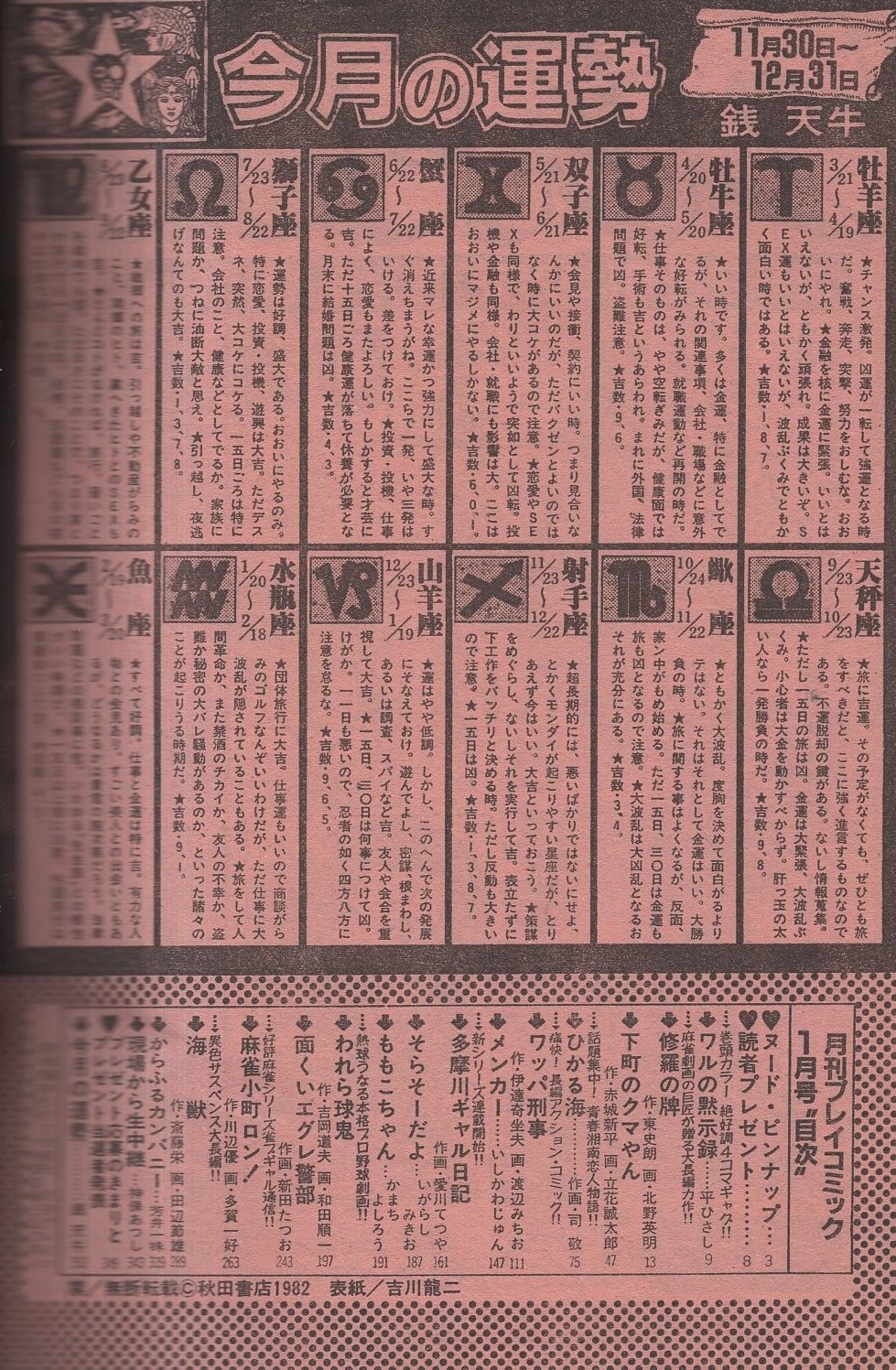 月刊プレイコミック 昭和58年1月号 表紙画 吉川龍二 北野英明 立花誠太郎 司敬 渡辺みちお いしかわじゅん 愛川てつや 和田順一 新田たつお 多賀一好 田辺節雄 平ひさし いがらしみきお かまちよしろう 芳井一味 神保あつし 伊東古本店 古本 中古本