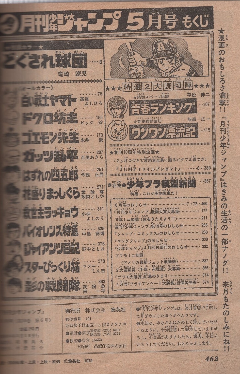 月刊少年ジャンプ 昭和54年5月号 読切 平松伸二 青春ランキング 飯森広一 ワンワン漂流記 連載 永井豪 ゴエモン先生 竜崎遼児 どぐされ球団 カラー有 高橋よしひろ 白い戦士ヤマト オール2色 ビッグ錠 百里あきら 今西正男 政岡としや 小林