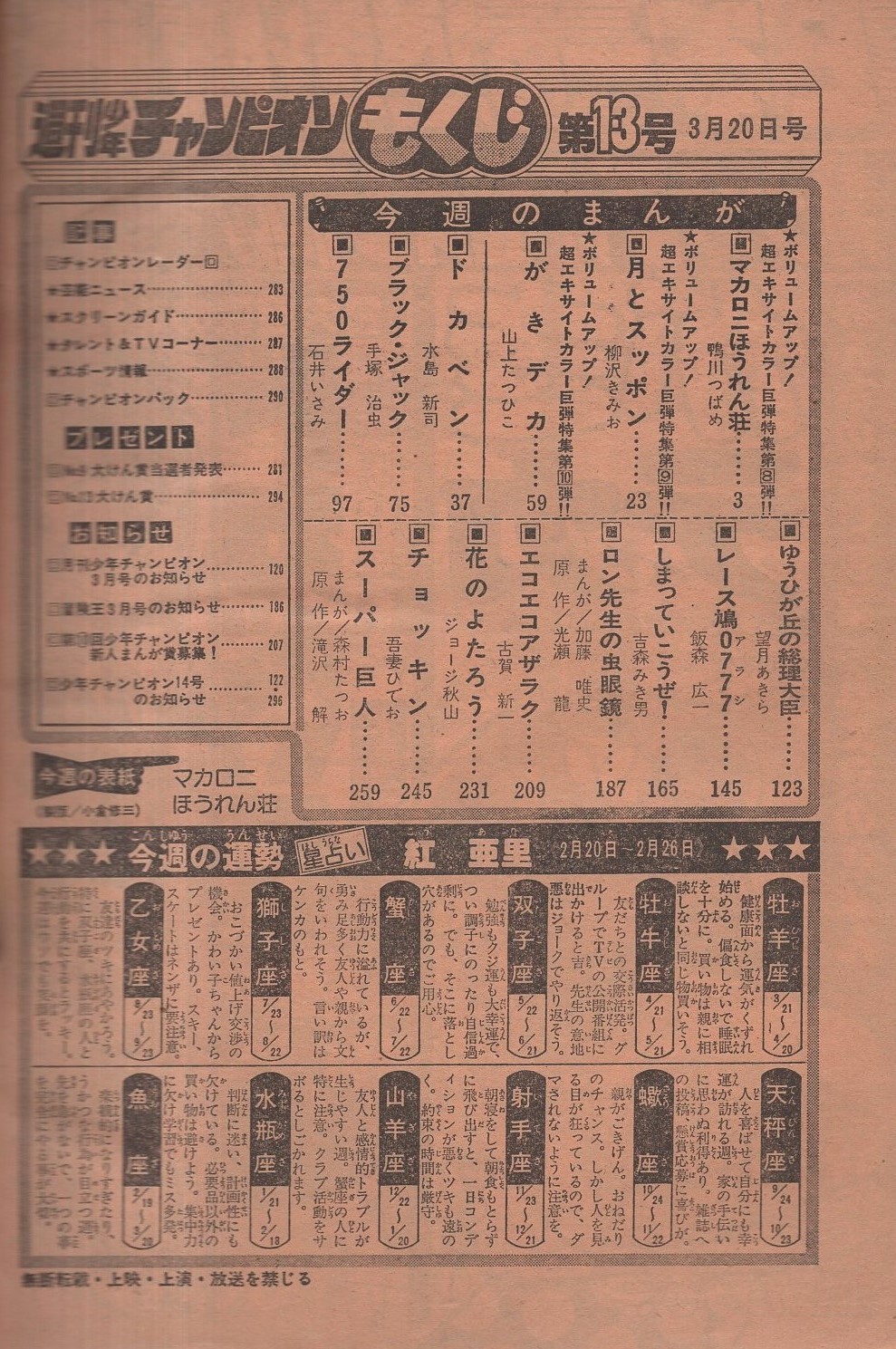 週刊少年チャンピオン 昭和53年13号 昭和53年3月20日号 表紙画・鴨川
