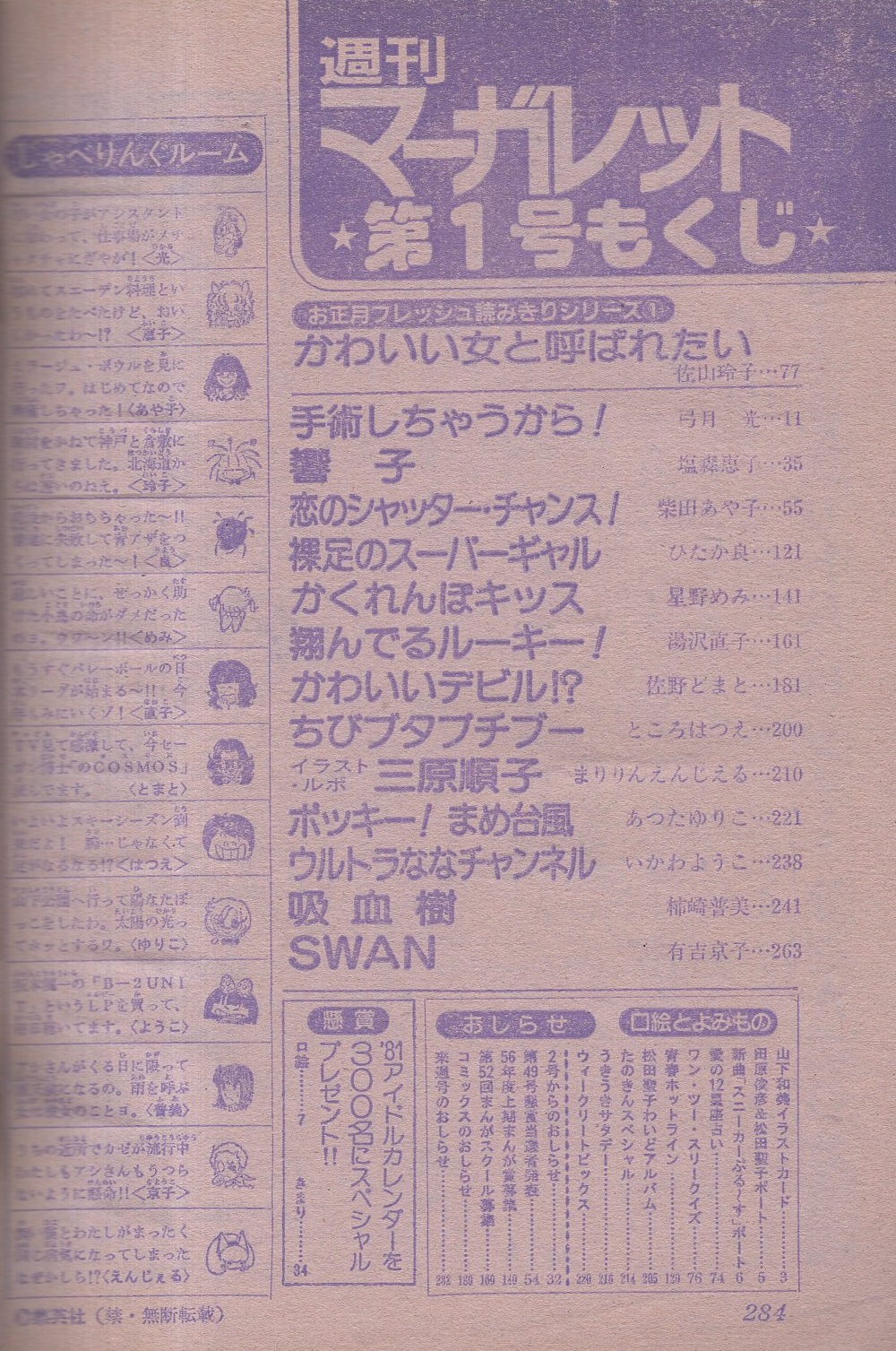 週刊マーガレット 昭和56年1号 昭和56年1月4日号 口絵 山下和美イラストカード 田原俊彦 松田聖子ポート 読切 佐山玲子 かわいい女と 呼ばれたい 連載 まりりんえんじえる イラスト ルポ 三原順子 弓月光 塩森恵子 柴田あや子 ひたか良 星野めみ