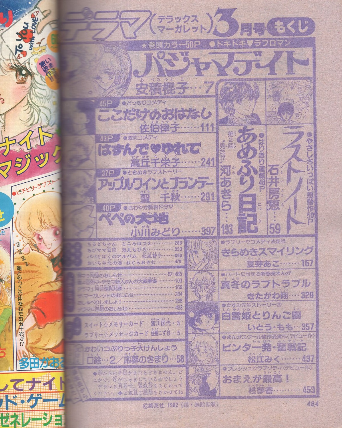 デラックス マーガレット 昭和57年3月号 表紙画 いくえみ綾 イラスト 宮川匡代 スイート メモリーカード 佐藤こず枝 ラブリー メッセージカード 各カラー2頁 読切 安積棍子 佐伯律子 高丘千栄子 聖千秋 小川みどり 石井房恵 夏芽あこ きたがわ翔