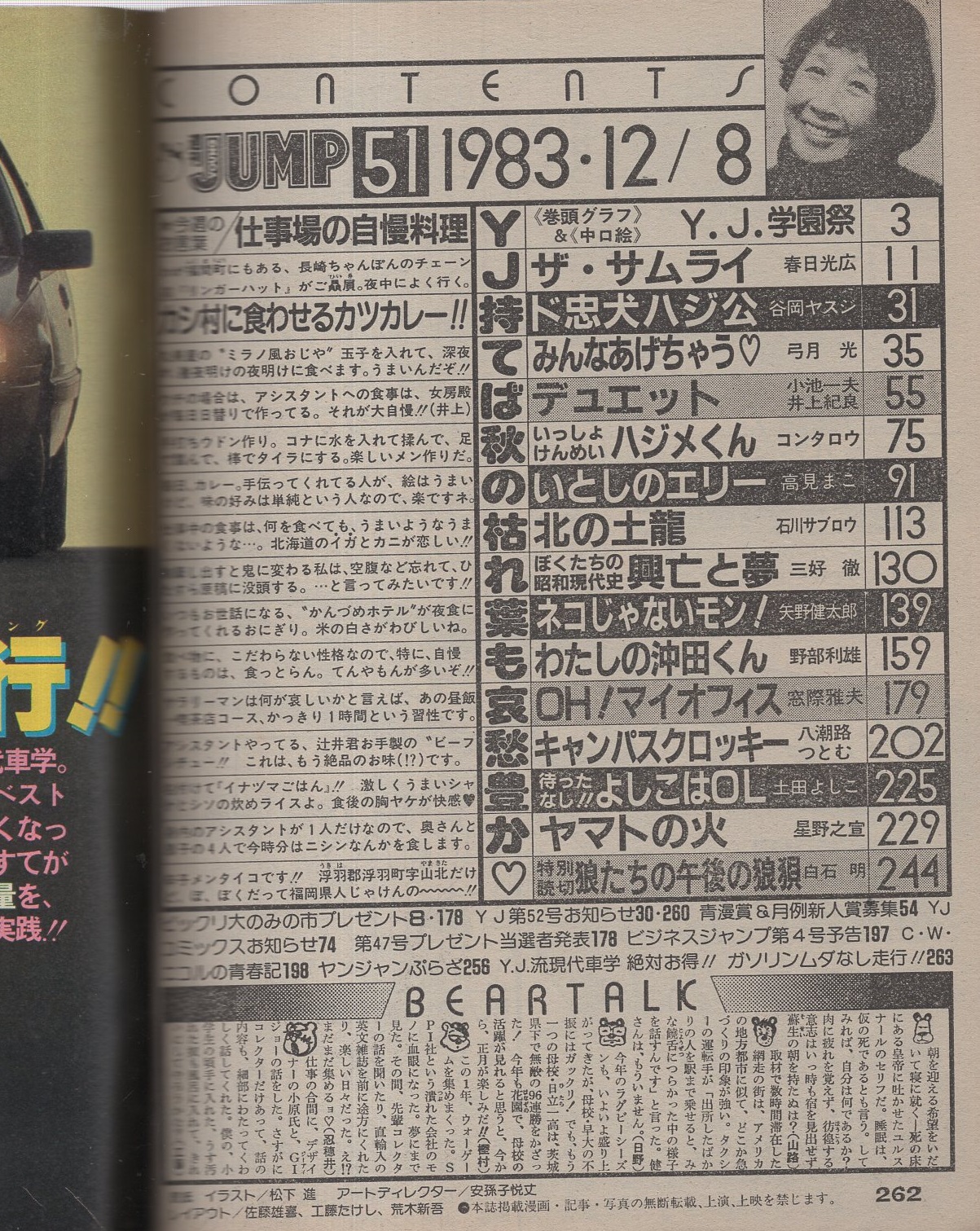 週刊ヤングジャンプ 昭和58年51号 昭和58年12月8日号 表紙画 松下進 Y J 学園祭 カラー6頁 ギャルズ クイーン コンテスト出場者発表 カラー2頁 堀部しのぶ 堀江しのぶ 写真小 読切 窓際雅夫 Oh マイオフィス 白石明 狼たちの午後の狼狽 連載 春日