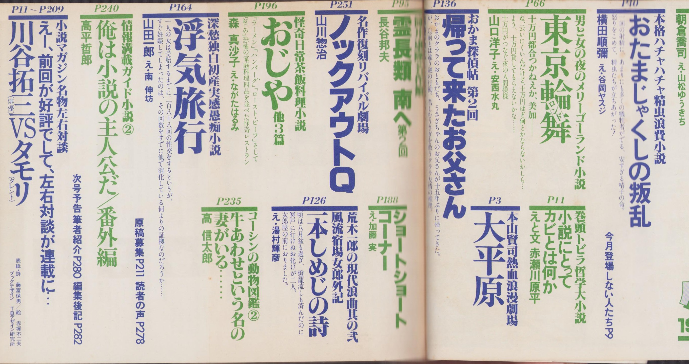 月刊小説マガジン 昭和52年6月号 表紙画・赤塚不二夫(長谷邦夫「筒井康隆名作館 霊長類 南へ 第2回」、山川惣治「名作復刻リバイバル劇場  ノックアウトQ (2)」、〈小説マガジン名物左右対談 川谷拓三vsタモリ〉、山口洋子、横田順彌、高平哲郎、荒木一郎、都竹道夫、朝倉 