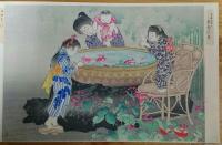 四季のながめ　－門の賑ひ、おひな様、うみべ他　5枚　子供あそび　－おめかし、かげ人形、ままごと、ぬれつばめ、まわりどうろ、金魚の餌、夜あるき、かくれんぼ、兵隊さん、こま廻し、ゆきだるま、えん日他　27枚　彩色木版貼込32枚1帖