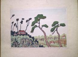 永瀬義郎木版画　「郊外小景」