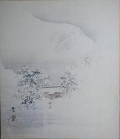 渡辺杏堂小色紙　五葉　「養老の瀧」「北野天満宮」「紅葉」「吉野花雲」『仁和寺雪景」裏面に題入