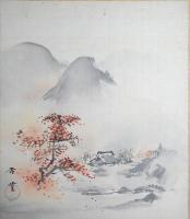 渡辺杏堂小色紙　五葉　「養老の瀧」「北野天満宮」「紅葉」「吉野花雲」『仁和寺雪景」裏面に題入