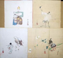 日比野白圭小色紙　五枚　「紙雛」「鶴」「白菊」「踊」「兜」