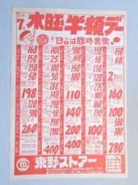 【新聞折込広告】春日井市　スーパー　東野ストアー　木曜半額デー　タコ刺身100g　168円　マグロ刺身1皿　150円