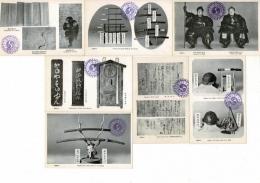 四十七義士墓 萬松山泉岳寺参拝記念　八枚一組 高輪泉岳寺発行 戦前絵葉書8枚と封筒 参拝記念スタンプ 像・画・書・太鼓・太刀・槍・兜・首請取り状など