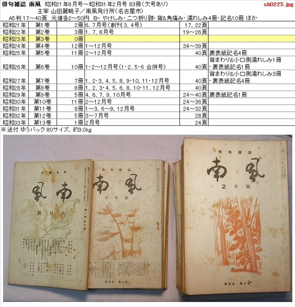 【中古】 俳句空間 ｎｏ．２２/弘栄堂書店 俳句雑誌 南風 昭和21年6月号～昭和31年2月号 83冊（欠号あり