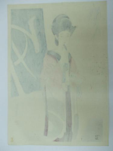 版画・田中良平【崩れる屋根】・木版画モノトーン・リトグラフ