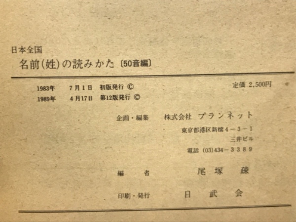 日本全国 名前（姓）の読み方(尾塚疎編) / 古本倶楽部株式会社