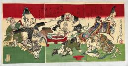 芳年木版画　【七福神酒宴之図】三枚続