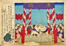 相撲取組図　木版彩色刷　梅ヶ谷X武藏潟