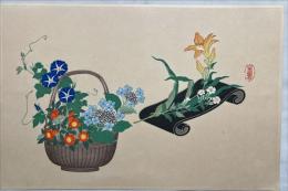 竹下金鳥木版画　花籠花車(朝顔、ゆり）