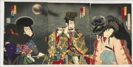国周画　笛澄月白浪　3枚続　市川團十郎＝平井保昌、鬼童丸＝尾上多賀之丞、中村芝翫＝袴垂保輔　