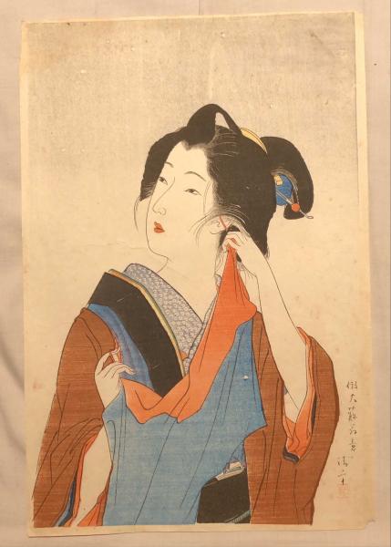 鏑木清方　大判手摺木版画『由縁の花』、ウコン布&共箱付 鏑木清方大判手摺木版画『由縁の花』、ウコン布&共箱付