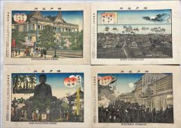 石版刷　神戸名所　神戸市中と海岸、福原花街、大仏像、居留地外国クラブ、摩耶山、諏訪山、舞子浜、生田神社　８枚