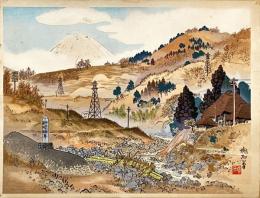 定方塊石筆　木版画　「酒匂川と富士」