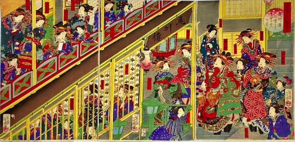 新吉原江戸町壹丁目尾州樓二階よりみせがりの図(一蕙斎芳幾画