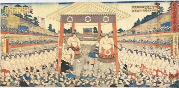 勧進大相撲土俵入之図 3枚続(一惠斎芳幾画) / 杉本梁江堂 / 古本