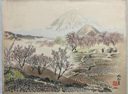 定方塊石木版画　富士二十五景の内【下曽我の梅林と富士】
