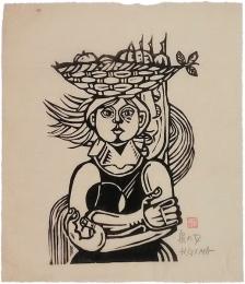 儀間比呂志　木版画「島の女」