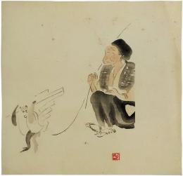 富田渓仙　木版画「猿まわし」（仮）
